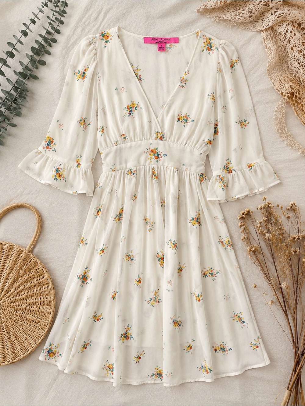 Betsey Johnson for Urban Outfitters Sheer Floral Boho Mini Dress Cottagecore M